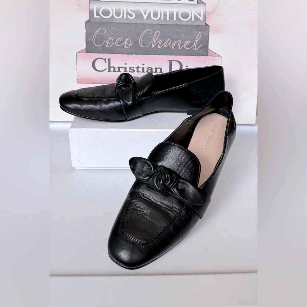 Stuart Weitzman Bandeau Leather Flat Loafers Short Heel in Black Size 9